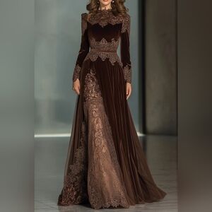 Brown Velvet Lace Maxi Dress